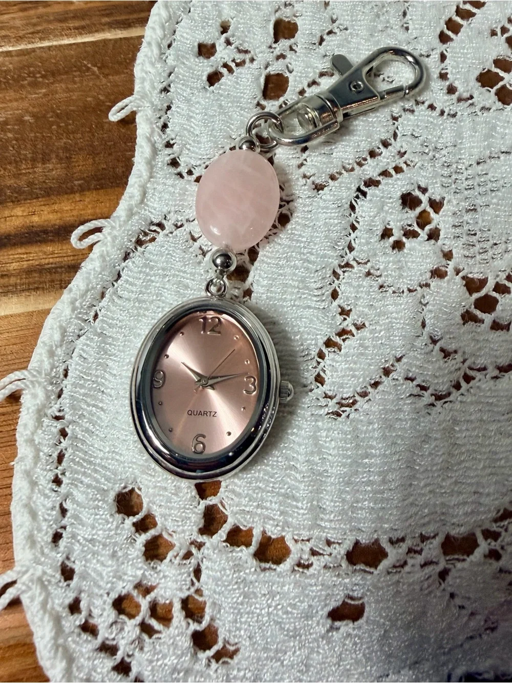 Vintage Avon Pink Dial Keychain Watch with Rose Quartz Accent